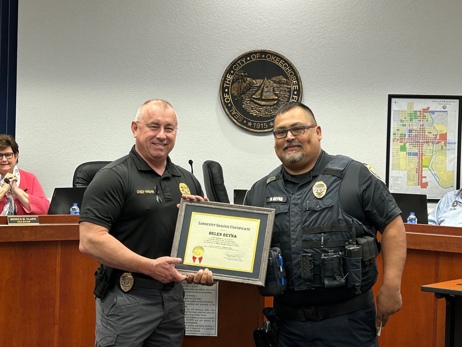 During the Feb. 6 Okeechobee City Council meeting, Okeechobee City Police Lieutenant Beylen Reyna was presented with a longevity for 20 years of service to the city of Okeechobee. The lieutenant is pictured with Police Chief Donald Hagan.